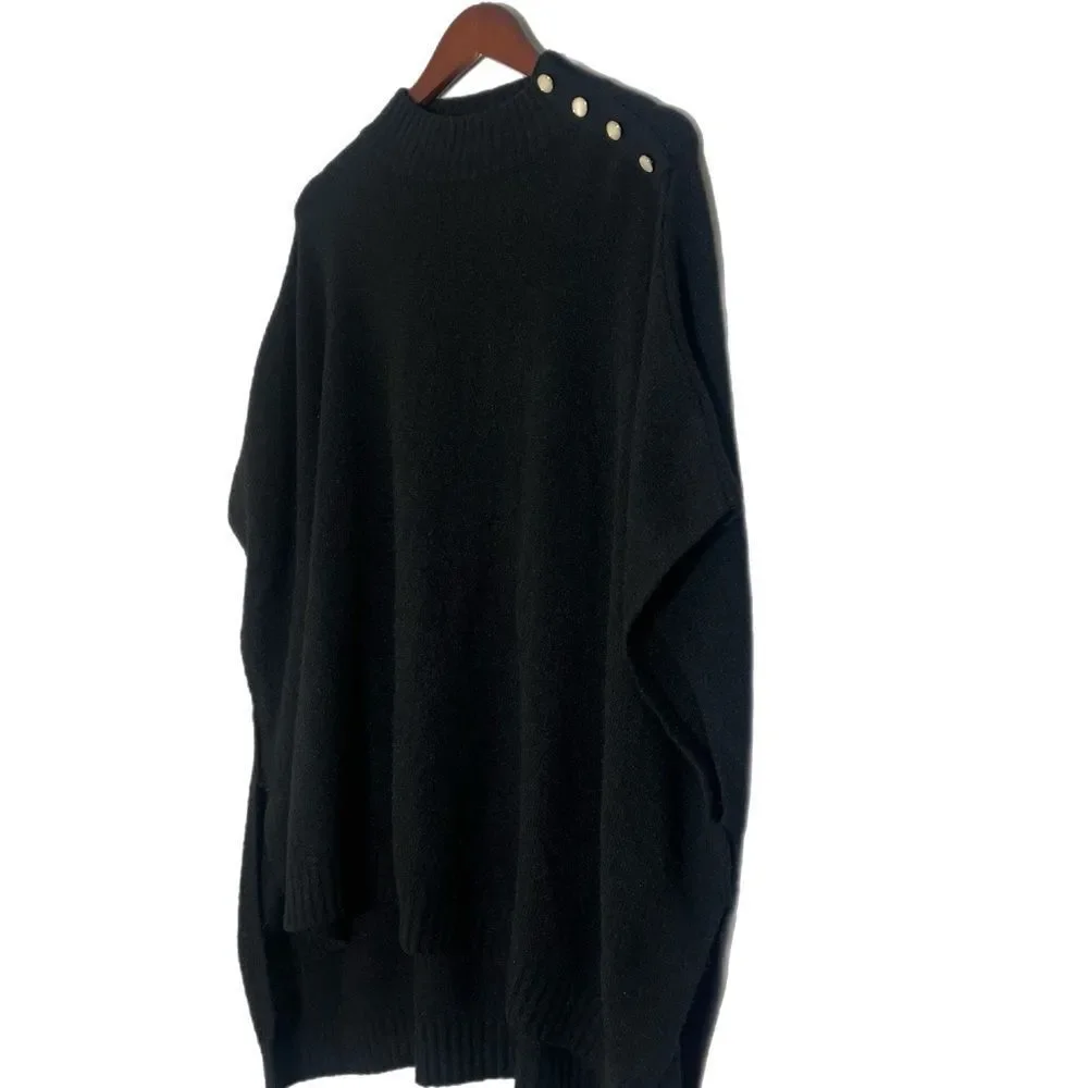 J.Crew Black Wool Blend Mockneck Button-detail Poncho Sweater